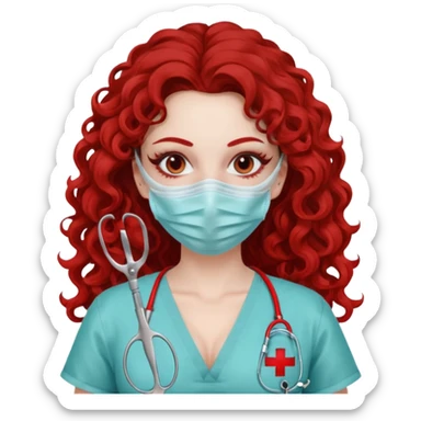 Lilith symbol seductress long curly hair evil surgeon.  brown hair. Red surgical mask.  covering. She works for cartel and kills  with a scalpel. Sexy surgeon outfit sticker