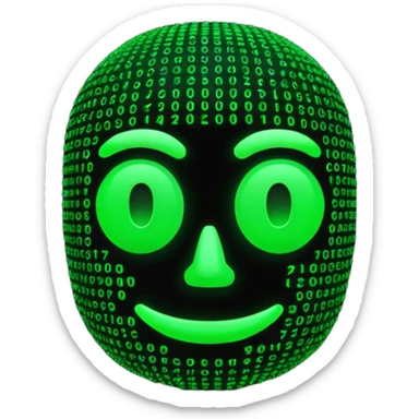 Futuristic 3D emoji made of glowing green Matrix code, digital rain background, cyberpunk neon glow, dark black backdrop, minimalist rounded face, high contrast, cinematic lighting, ultra-sharp, high resolution. sticker