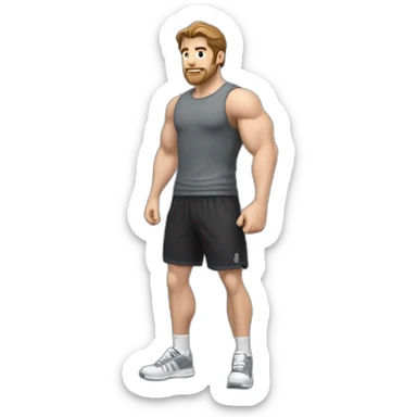 Close up Actively gesturing  with hands Pale skinned Fit Man With the biceps and brown hair in dark gray Sleeveless Mike, black oversize sports shorts, watch and white Sneakers sticker