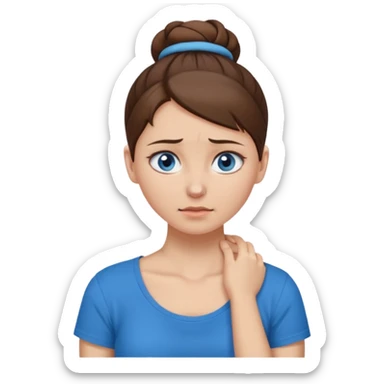apple style emoji of a woman with blue eyes, brown hair in a bun, holding her neck in pain (torticollis), wearing a black T-shirt sticker