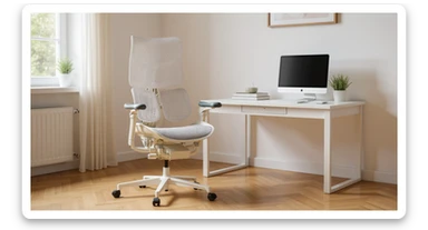 Editorial shot, Make this chair next to desk with mac setup, minimalistic room, bright and warm sticker