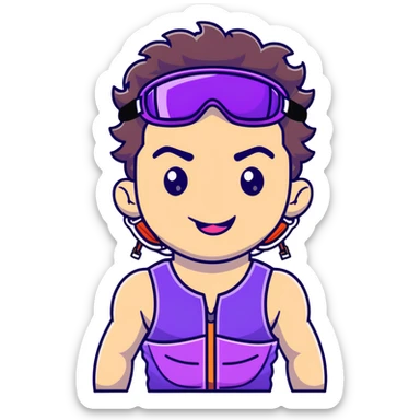 close-up of cool guy male athlete with white skin and moderately curly dark brown hair on top with shaved sides, with one purple ski goggle lens pushed up above his eyes on his forehead, sticking his tongue out of his mouth, wearing only a plain black chain necklace around his neck, and a completely unzipped sleeveless vest with purple and black sequin fire pattern design with no logo, clearly showing he is shirtless underneath with exposed chest and abs sticker