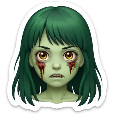 Zombie emoji girl, skin green, black long hair with bangs black, brown eyes  sticker