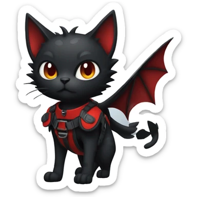 Cool Edgy Evil Litten-Nargacuga-Cat with black bat-wing-ears with a red harness full body sticker