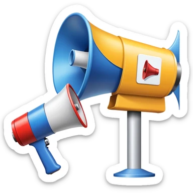 An icon featuring a megaphone, a billboard, and social media icons, symbolizing advertising and public relations. The design includes a press release and a rising graph, representing brand promotion and communication strategies. Transparent background highlights media influence and outreach. sticker