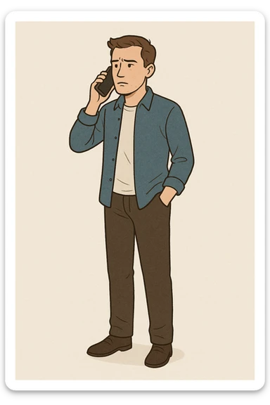 A man standing and waiting, holding a phone to his ear, looking slightly impatient, simple background. sticker