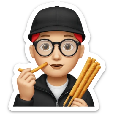 num num eatting hashbrown sticks with a plain black cap and glasses no hair add the words Rollin' 18 to hat sticker