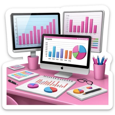 computer on a desk with papers, notes, notebook and pens showing data analysis stuff on it pink sticker