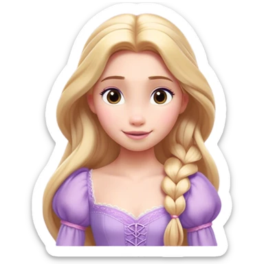 Cinematic Realistic Rapunzel Portrait, with porcelain-like skin featuring a subtle, natural glow, illuminated by soft lighting that brings out the gentle contours of her face. Her long, golden blonde hair cascades in detailed waves, each strand highlighted with a radiant shimmer as it catches the light. Her bright, expressive green eyes exude curiosity and warmth, framed by delicate lashes and soft, arched brows. Her expression is playful and vibrant, with a gentle smile. She is dressed in her classic lavender and pink gown, the fabric textured with delicate folds that flow naturally, catching the light with a soft, radiant glow. The portrait captures a luminous, enchanting aura, seamlessly blending realism with a whimsical, fairytale charm, evoking a timeless sense of beauty and magic. sticker