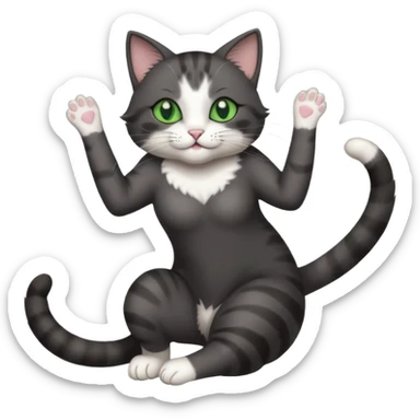 beautiful female solid dark grey cat with green eyes, white toes/paws and white patch on her chest playfully rolling upside down sticker