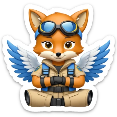 barbie cute Goon female Fox wearing AFU and NVGs. A fox with wings, an angel behind, and arms crossed on the chest,  special ops cartoon design, blue and yellow style,  2d vector art, white borders, contour, solid background sticker