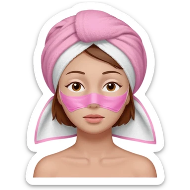 A woman with brown hair partially visible beneath a white towel wrapped around her head. Her face is covered with a pink skincare mask applied to the T-zone and cheeks. She has a calm, content expression with her eyes closed sticker