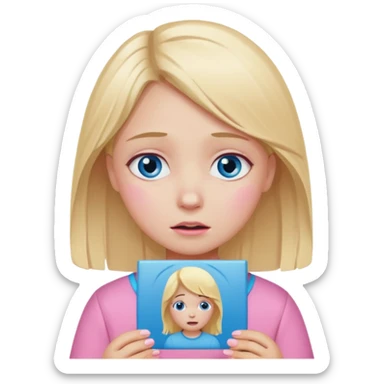 Blond hair girl with blue eyes in pink holding picture of kids and crying sticker