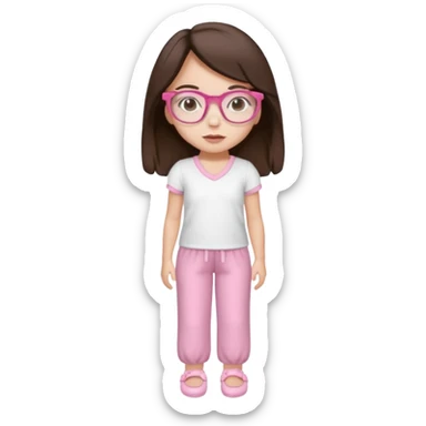 Girl with dark brown hair, light skin, brown eyes, wearing a miu miu glasses the brown ones, and wearing a top in white with a pair of pyjama pants in pink and a slipper in white  sticker