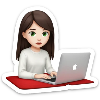 Long dark brown haired, white skinned, dark green eyed girl in white clothes girl sitting in macbook with a red carpet  sticker