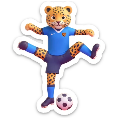 leopard kicking a soccer ball, wearing a navy soccer uniform sticker