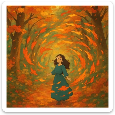 magical autumn forest with swirling colorful leaves sticker
