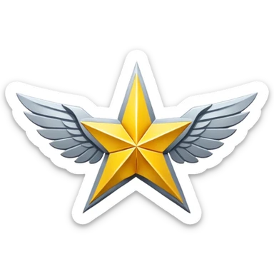 An eight-pointed star with wide wings, colored yellow, featuring a simple mountain silhouette in the center sticker