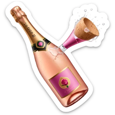 bottle of sparkling rosé champagne with a rose logo on the label, with the cork popping out, tilted up and to the left, no glass sticker