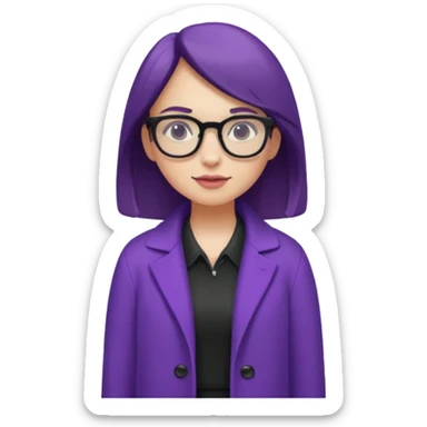 A girl wearing purple coat with shorts and glasses sticker