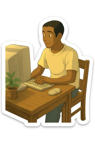 Remove the background, leaving only the main character, his desk, and his computer in Ghibli style with a transparent background. sticker