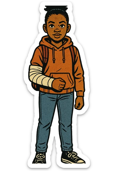the full body of a young black teenage girl.  She is standing facing forward so we can see her face on. She is wearing a backpack, jeans and a hooded jumper.  One of her arms is in a bandage from a broken elbow. sticker
