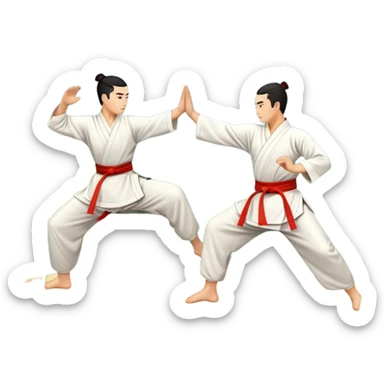 Two martial artists in traditional Wushu attire, performing elegant, fluid moves. The background shows a peaceful, scenic landscape with mountains and bamboo trees, symbolizing the balance of power and grace in Wushu.  sticker