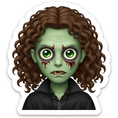 long curly haired zombie with brown hair color and green eye color, with dark vampire clothes sticker