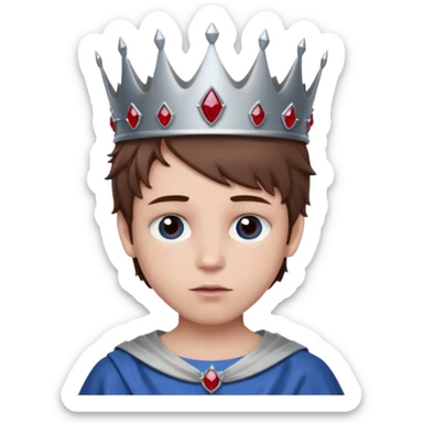 grey boy head with right eye blue and left eye red. he has messy brown hair and a silver crown with rubies on it sticker