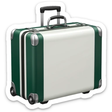 white suitcase with metal ribs, wheels, handle and corners dark green, emoji style sticker