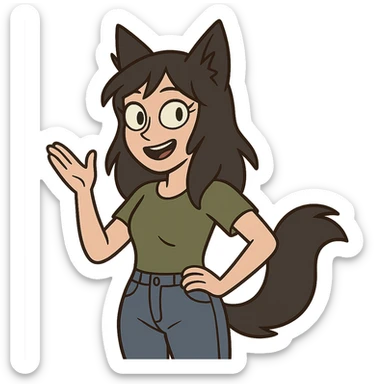 a girl with black fox ears and a tail, green eyes, dark hair sticker