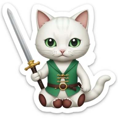 un gato blanco con reeferencia a rororoa zoro "una espada en cada mano y una en la boca" sticker