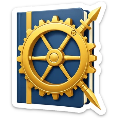 Un libro azul navy con detalles dorados, bordes metálicos y un gear dorado con una flecha ascendente como productividad en la portada, irradiando productividad, estrategia y éxito en movimiento (book of productivity) sticker