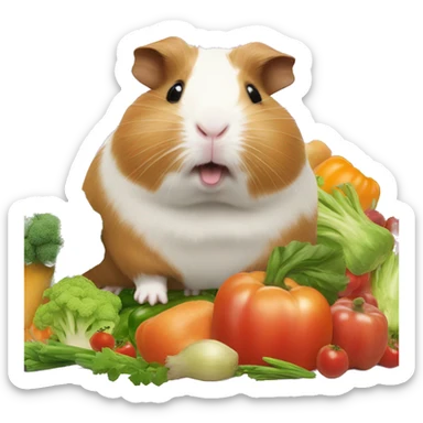 Guineapig playing on a huge pile of veggies and fruit sticker