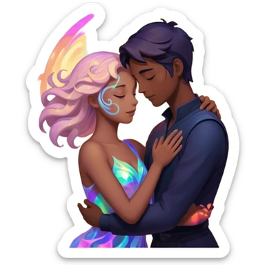 Two lovers surrounded by collapsing magic light, tragic dark fantasy romance sticker