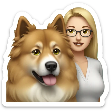 Brown light hair woman aux Green eyes with glasses Green eyes and White eurasier dog  sticker