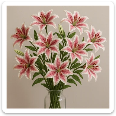 twelve french beaded stargazer lilies, detailed beadwork, pink and white petals with speckles, lush green stems, arranged in a vase, elegant and lifelike sticker