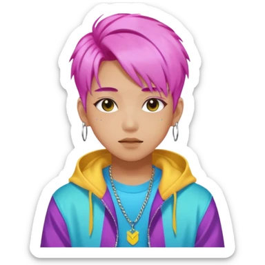 portrait of young idol in Kpop style, wearing flashy streetwear outfit, colorful dyed hair sticker