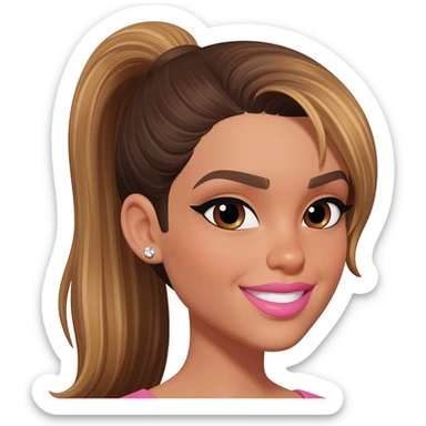 brunette with long golden brown hair with light brown roots in a sleek high ponytail, dark brown eyes, medium brown eyelash color, full lips, small button nose, fair olive color skin, with full eye lashes, diamond earring studs, with pink lipstick, nice smile, with light brown eyebrows sticker
