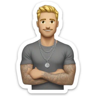 A strong white man wearing men silver chain,styled on a Full sleeve tshirt sticker
