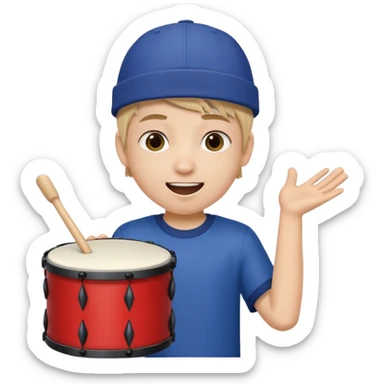 A young boy with a cap, wearing team colors, banging a small drum excitedly. sticker
