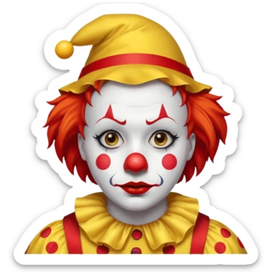 Yellow pointed hat with a red tip.

Red hair sticking out on the sides.

White face paint with black eyebrows, red nose, and red lips.

Wearing a yellow clown costume with red buttons.

Sad, concerned expression. sticker