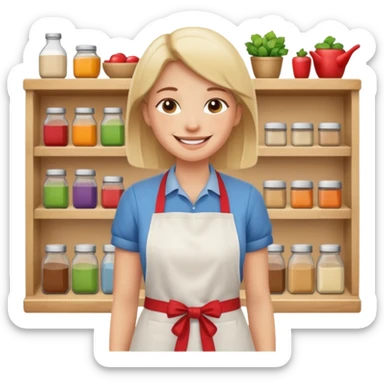 grown  2D line-drawn character + small bright shop sticker