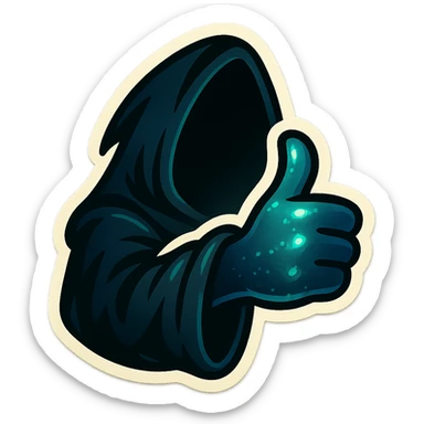 A shadowy hand emerging from a dark, mysterious cloak sleeve giving a thumbs up gesture. The hand is semi-gloved or ghost-like, with slight glowing accents or glitch particles. Stylized in cartoon form, high contrast, bold lines, emoji-sized, transparent background, designed for use as a YouTube membership emoji. sticker