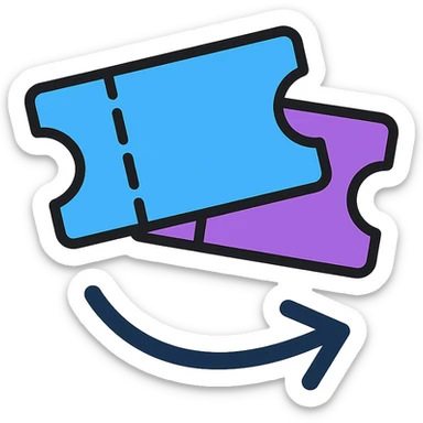 clean and minimal logo with two overlapping event tickets and a swipe motion, blue and purple palette sticker