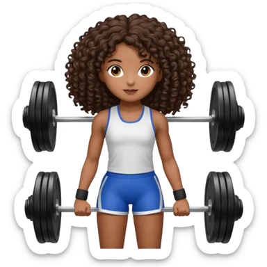 Uma boneca morena escura com olhos castanhos e cabelo cacheado longo até o peito, treinando Gym sticker