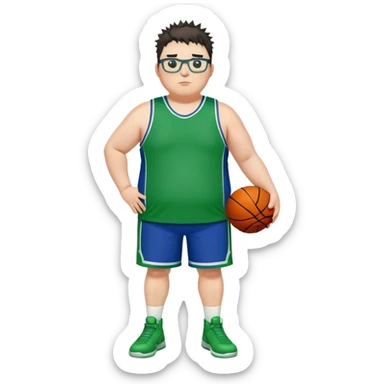 Full Body overweight white male with dark short spike hair basketball player wearing glasses wearing blue green uniform sticker