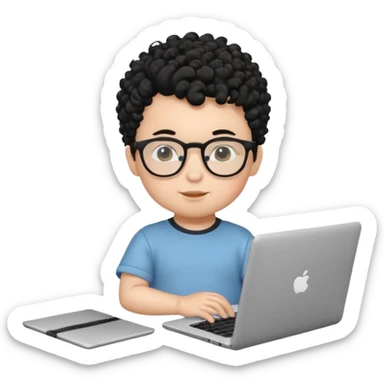 A baby boy DEVELOPER WITH A laptop, black curly hair and topknot, wearing glasses sticker
