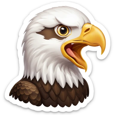 bald eagle with open beak from front view, white head, yellow beak sticker