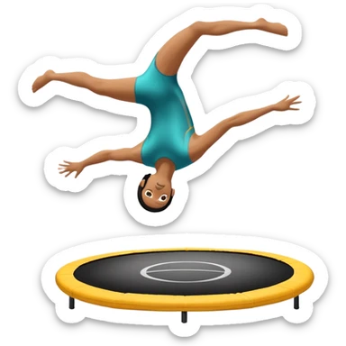 An athletic person soaring high above a trampoline, executing an acrobatic flip with perfect form. The scene captures motion and energy, with a dynamic pose, stretched limbs, and a focused expression. The background suggests a professional trampoline arena with safety padding. sticker